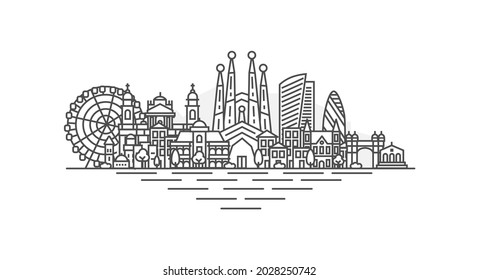 City of Barcelona, Spain architecture line skyline illustration. Linear vector cityscape with famous landmarks, city sights, design icons, with editable strokes isolated on white background.