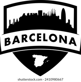 City of Barcelona Spain black and white shield style city buildings silhouette shield graphic with knockout white outline of the state border shape under name. Vector eps design.  svg