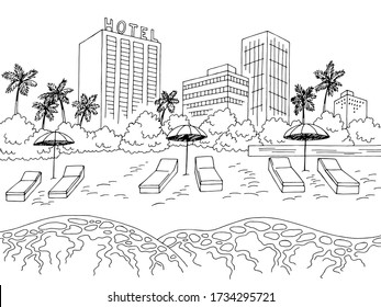 City Beach Graphic Black White Landscape Sketch Illustration Vector