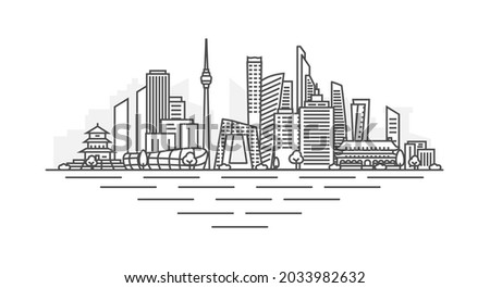 City of Beijing, China architecture line skyline illustration. Linear vector cityscape with famous landmarks, city sights, design icons, with editable strokes isolated on white background.