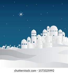 The city of Bethlehem in paper cut style. A Christmas nativity scene. Feliz dia de reyes. Happy Epiphany in spanish. 