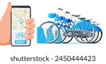 City Bicycle Sharing System Isolated on White. Bike Stand with Rental Bicycles. Bike on Docking Station and Smartphone. Urban Transportation Smart Service. Cartoon Flat Vector Illustration