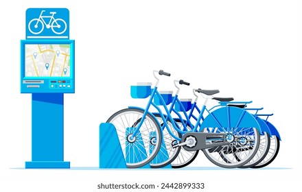 City Bicycle Sharing System Isolated on White. Bike Stand with Rental Bicycles. Bike on Docking Station and Electric Terminal. Urban Transportation Smart Service. Cartoon Flat Vector Illustration