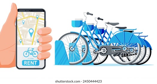 City Bicycle Sharing System Isolated on White. Bike Stand with Rental Bicycles. Bike on Docking Station and Smartphone. Urban Transportation Smart Service. Cartoon Flat Vector Illustration