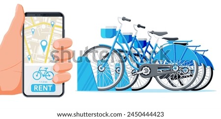 City Bicycle Sharing System Isolated on White. Bike Stand with Rental Bicycles. Bike on Docking Station and Smartphone. Urban Transportation Smart Service. Cartoon Flat Vector Illustration