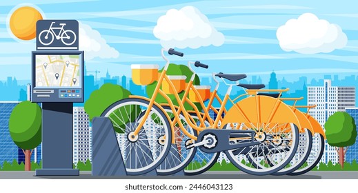 City Bicycle Sharing System and Urban Landscape. Bike Stand with Rental Bicycles. Bike on Docking Station and Electric Terminal. Urban Transportation Smart Service. Cartoon Flat Vector Illustration