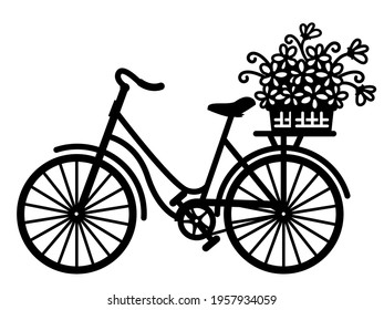 City bicycle silhouette full of flowers in wicker basket. Vector graphic illustration of romantic bike isolated on white background