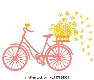 City bicycle silhouette full of yellow flowers in wicker basket and bird. Vector graphic illustration of romantic bike isolated on white background