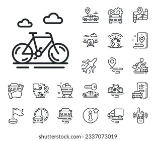 City bicycle transport sign. Plane, supply chain and place location outline icons. Bike line icon. Outdoor transportation symbol. Bike line sign. Taxi transport, rent a bike icon. Travel map. Vector