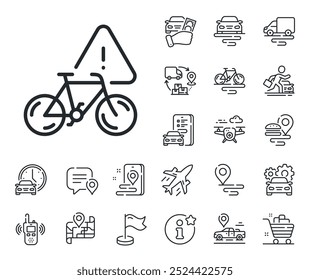 Sinal de transporte de bicicleta da cidade. Ícones da estrutura de tópicos Plano, cadeia de suprimentos e local. Ícone de linha de atenção da bicicleta. Símbolo de aviso de velocípede. Sinal de linha de atenção da bicicleta. Vetor