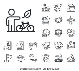 Sinal de transporte de bicicleta da cidade. Ícones da estrutura de tópicos Plano, cadeia de suprimentos e local. Ícone da linha de bicicleta Eco. Símbolo de transporte externo. Sinal de linha de bicicleta Eco. Transporte de táxi, alugar um ícone de bicicleta. Vetor