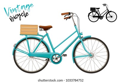 City bicycle. Vintage style with wooden crate. Set includes lettering and silhouette shape. Vector design isolated for all backgrounds. 