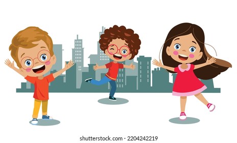 city ​​skyline big city and buildings and cute kids