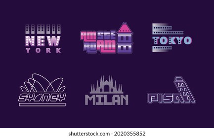 City and Biggest Capitals Name Design Vector Set