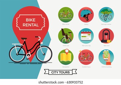 City bike hire rental tours for tourists and city visitors concept layout. Bicycle hire themed icons with damage waiver, bike helmet, child seat, lock, navigation, booking, guided tours