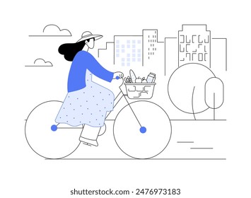 City bike isolated cartoon vector illustrations. Beautiful girl rides on urban bike with a basket, people city lifestyle, city transportation, public transport, recreation day vector cartoon.