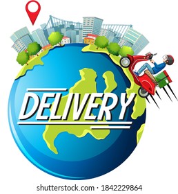 The city and bike man or delivery man riding on the earth illustration