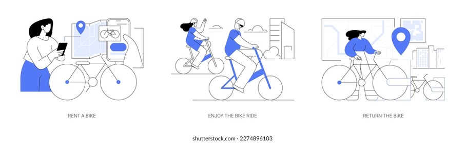 City bike rental abstract concept vector illustration set  Rent bike and smartphone app  cycling around city streets  return bicycle to the station  vehicle sharing service abstract metaphor 