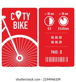 City bike rental receipt, quittance, ticket or talon with white bicycle on red background, bar code, time and amount to pay. Urban cycle hire ticket issued by the docking station terminal after ride.