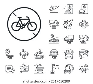 Sinal de transporte de bicicleta urbana não permitido. Ícones da estrutura de tópicos Plano, cadeia de suprimentos e local. Ícone de linha proibida de bicicleta. Velocipede símbolo proibido. Sinal de linha proibido de bicicleta. Vetor