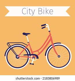 City bike for woman. Female vintage retro bicycle. Flat simple vector illustration. Concept