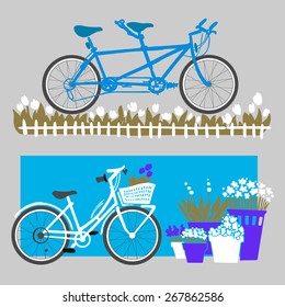 City Bikes. Vector drawing of a bicycle tandem bicycle with a basket of flowers in pots