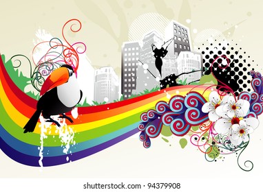 city and bird abstract color vector