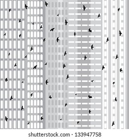 City and birds. Vector seamless background
