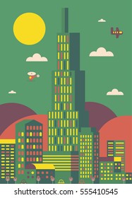 A city with a bis skyscraper on the middle rising towards the sky