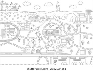 Mapa blanco y negro de la ciudad sin transporte. Borde de línea con carreteras, ferrocarril, metro. Infografía vectorial. Página de coloreado urbano con aeropuerto, metro, edificios, puerto marítimo, estación para niños
