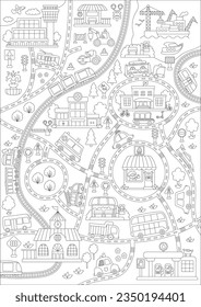 City black and white transport map. Line background with railway, roads, traffic signs for kids. Vector infographic elements with train, cars, tram, truck. Urban coloring page with airport, seaport
