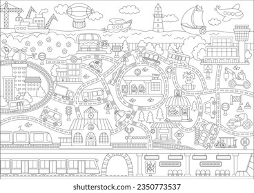 Mapa de transporte urbano en blanco y negro. Fondo de línea con transporte terrestre, subterráneo, acuático y aéreo. Infografía vectorial con tren, auto, tranvía, camión. Página de coloración urbana con aeropuerto, metro para niños