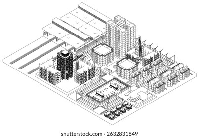 A city block with a building in the middle. The building is a large office building. The street is empty. Isometric view. 3D