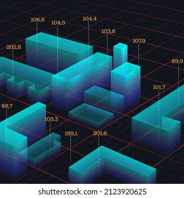 City block of digital information. Vector illustration of abstract buildings of a modern metropolis of the digital world.