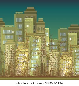 City block. Skyscrapers of a big city. Fragment of the metropolis. In the foreground are trees and bushes. Urban landscape. Vector illustration