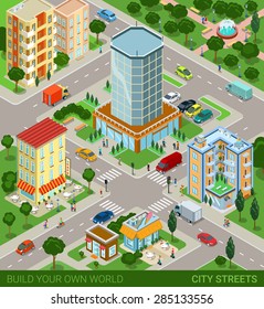 City block streets transport inhabitants concept. Modern trendy flat 3d isometric info graphic. Street buildings cars vans ice cream cafe restaurant business center park. Creative people collection.