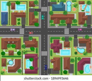 City block top view. Town street panorama with houses, gardens, trees and roads, city landscape infrastructure vector illustration. Top view city map. Transportation and house yards with plants