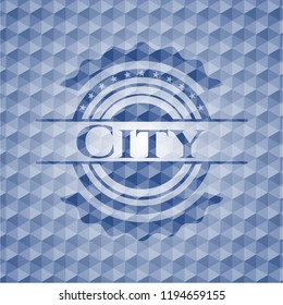 City blue badge with geometric pattern background.