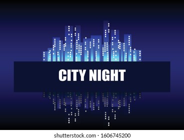 city in blue night, bright town glowing with neon light. abstract geometric shape. high building tower on future them. vector illustration