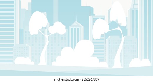 City in blue. Poster or banner with place for your design. Vector illustration in cartoon style.