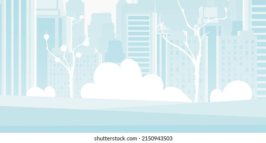 City in blue. Poster or banner with space for your character. Cartoon style. Vector illustration.