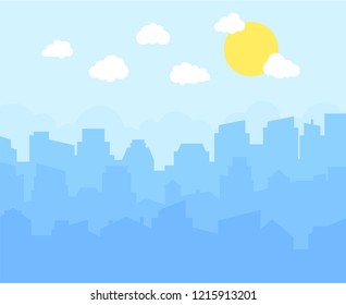 City with blue sky, white clouds and sun. cityscape skyline flat panoramic vector background.
