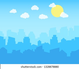 City with blue sky, white clouds and sun. cityscape skyline flat panoramic vector background