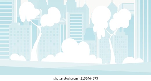 City in blue. Wide poster with space for your design. Cartoon style. Vector illustration.