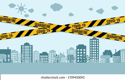 City Border Isolated With Quarantine Ribbon, Vector Illustration