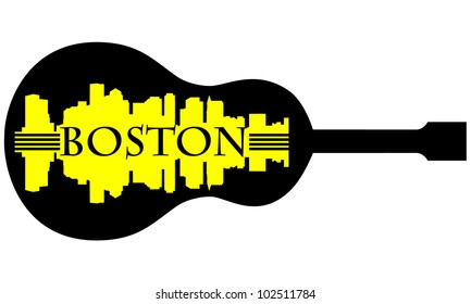 City of Boston high-rise buildings skyline with guitar