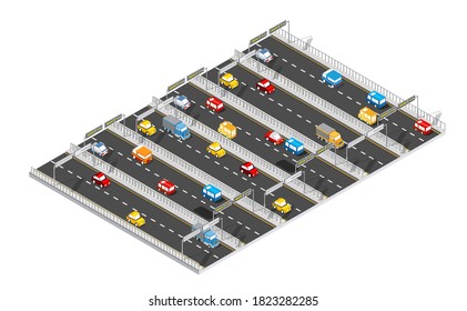 City boulevard isometrische Allee. Verkehrswagen, Stadt- und Asphaltfahrzeuge, Verkehr. Überquerung von Straßen flach 3D-Abbildung der öffentlichen Stadt
