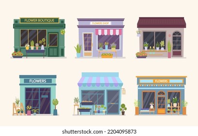 city boutique. flowers mobile kiosks on street souvenirs urban markets. Vector flat buildings illustration