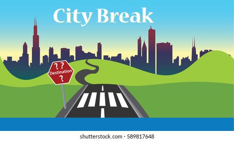 City break vector photo illustration, flat design - pick your destination road sign, poster, web use. Banner, city landscape, green hills, blue sky, sunrise
