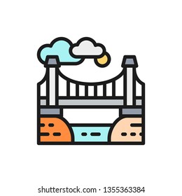 City bridge landscape flat color line icon.